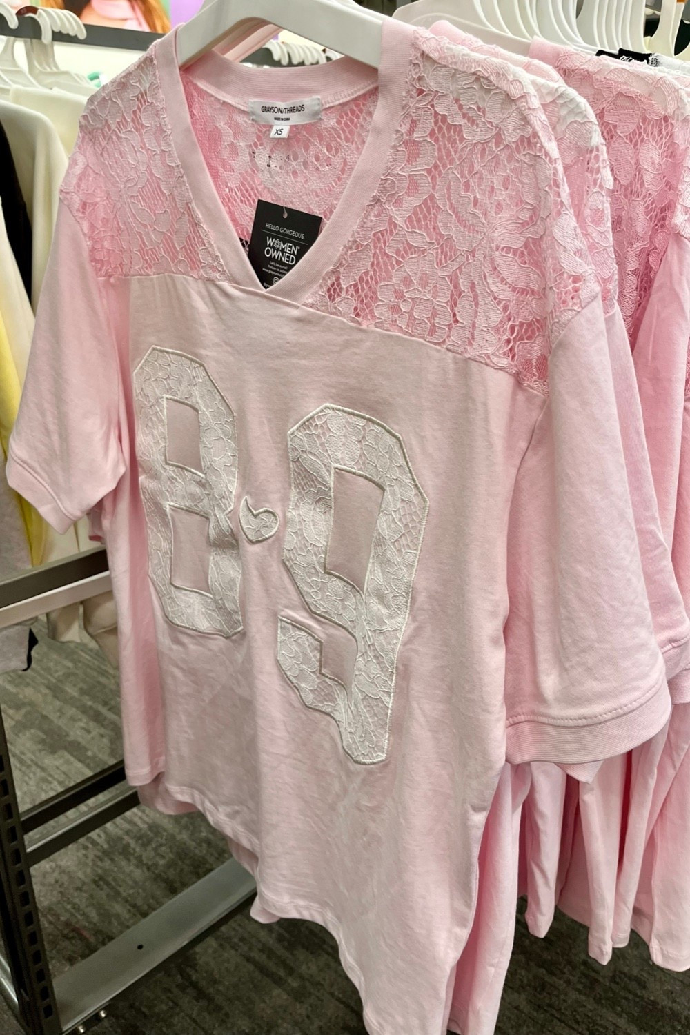 Pretty in pink soft oversized lace Tshirt with heart detail at Target. Sizes up to 3X. 

Pack for a relaxed bachelorette or honeymoon. 

Bachelorette weekend, honeymoon packing, resort wear 2026, beach vacation, resort wear. 

#LTKPlusSize #LTKTravel #LTKWedding