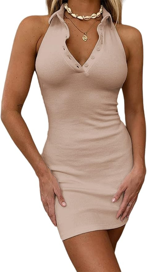 Remidoo Women's Casual Sleeveless Collared Tank Dress Backless Bodycon Mini Dress | Amazon (US)