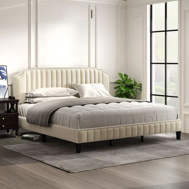 FULLJOJOR Modern Linen Curved Upholstered Platform Bed Nailhead Trim, King/Queen Cream - Queen | Walmart (US)