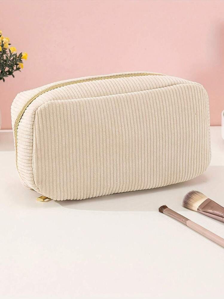 Fluffy Bag Corduroy Beige Makeup Bag, Mini Cosmetic Bag, Simple Zipper Pouch For Women, Spacious ... | SHEIN