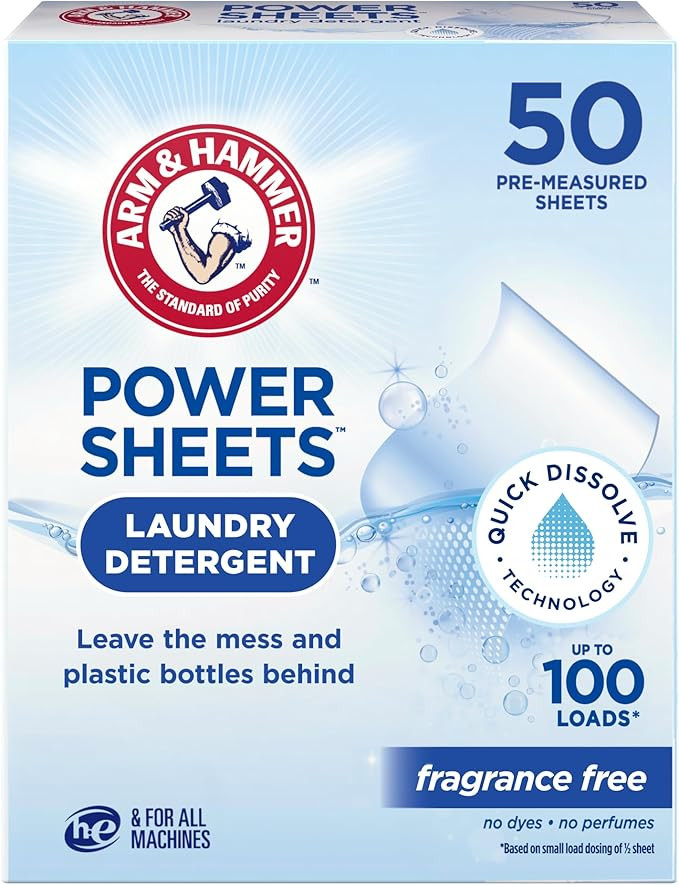 Arm & Hammer Power Sheets Laundry Detergent, Fragrance Free 50ct, 50 loads​ | Amazon (US)