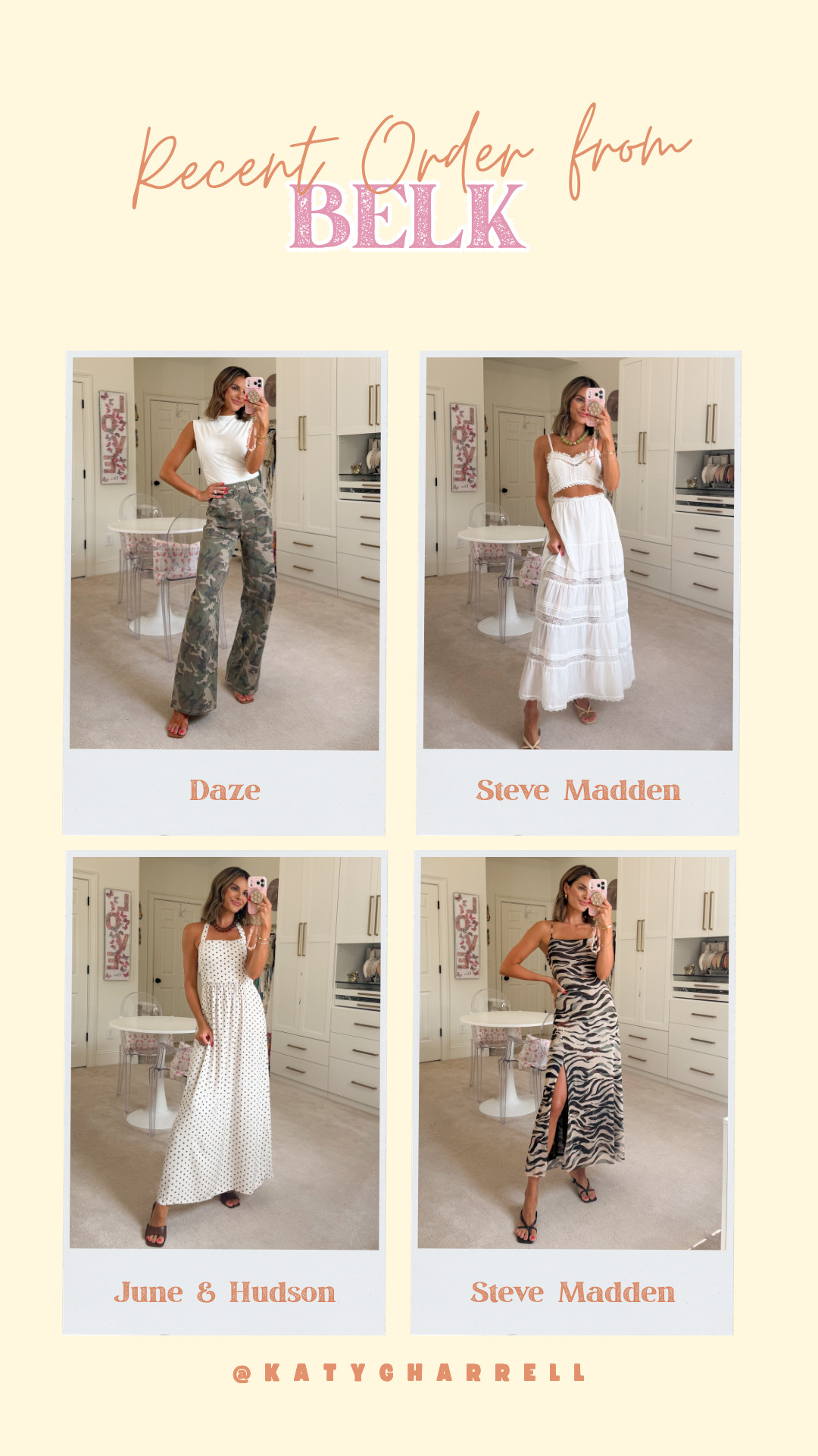 My recent belk order! So many good brands are available @belk ⚡️

Camo pants: True to size
Polka dot dress: XS
Zebra dress: XS
White set: XS

Linking the rest of my haul below! 

fall transitional outfits, fall outfits women, belk outfits, steve madden, June & Hudson, daze, Katy Harrell 

 #LTKgrwm #LTKootd #LTKSeasonal