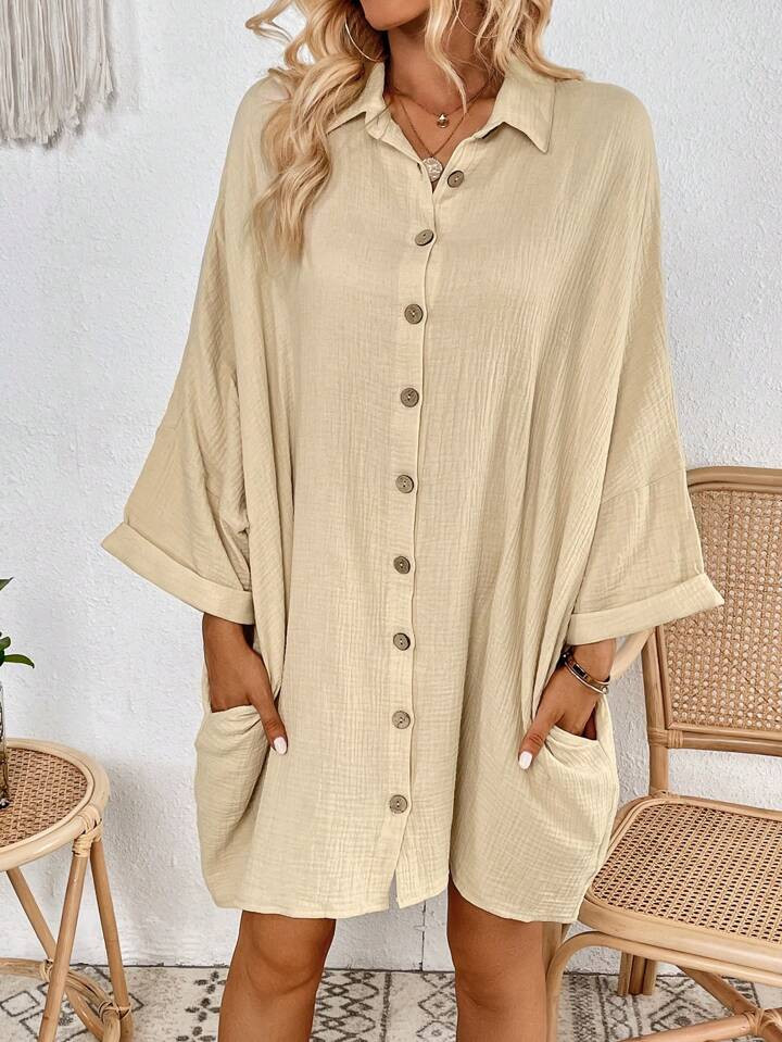 SHEIN LUNE Batwing Sleeve Pocket Patched Button Front Shirt Dress | SHEIN