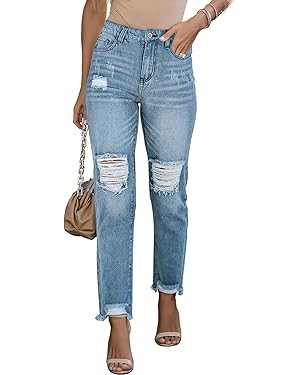 EVALESS Women Stretchy Ripped Distressed Straight Leg Boyfriend Skinny Jeans | Amazon (US)
