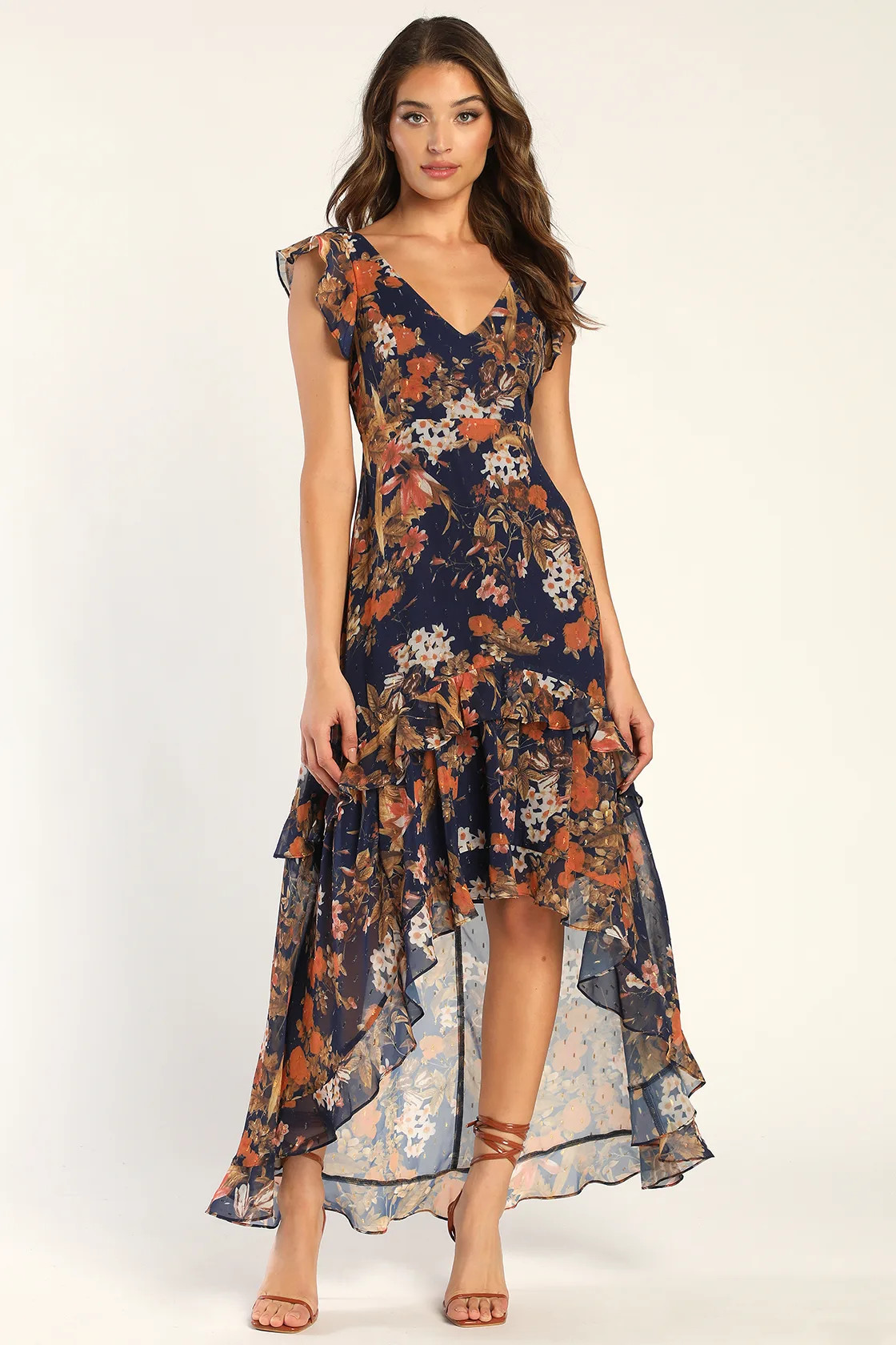 Stunning Favorite Navy Blue Floral Ruffled High-Low Maxi Dress | Lulus