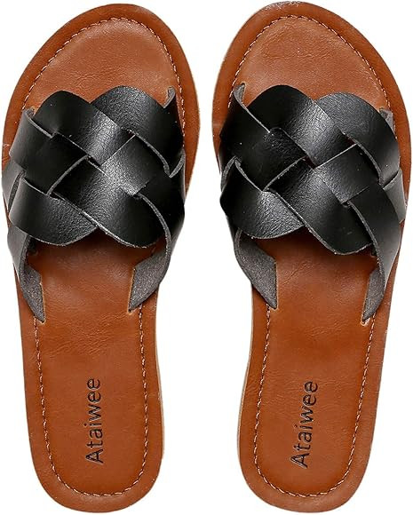 Womens Slide Sandals - Casual Braided Slip On Leather Cross Strap Flat Summer Shoes. | Amazon (US)