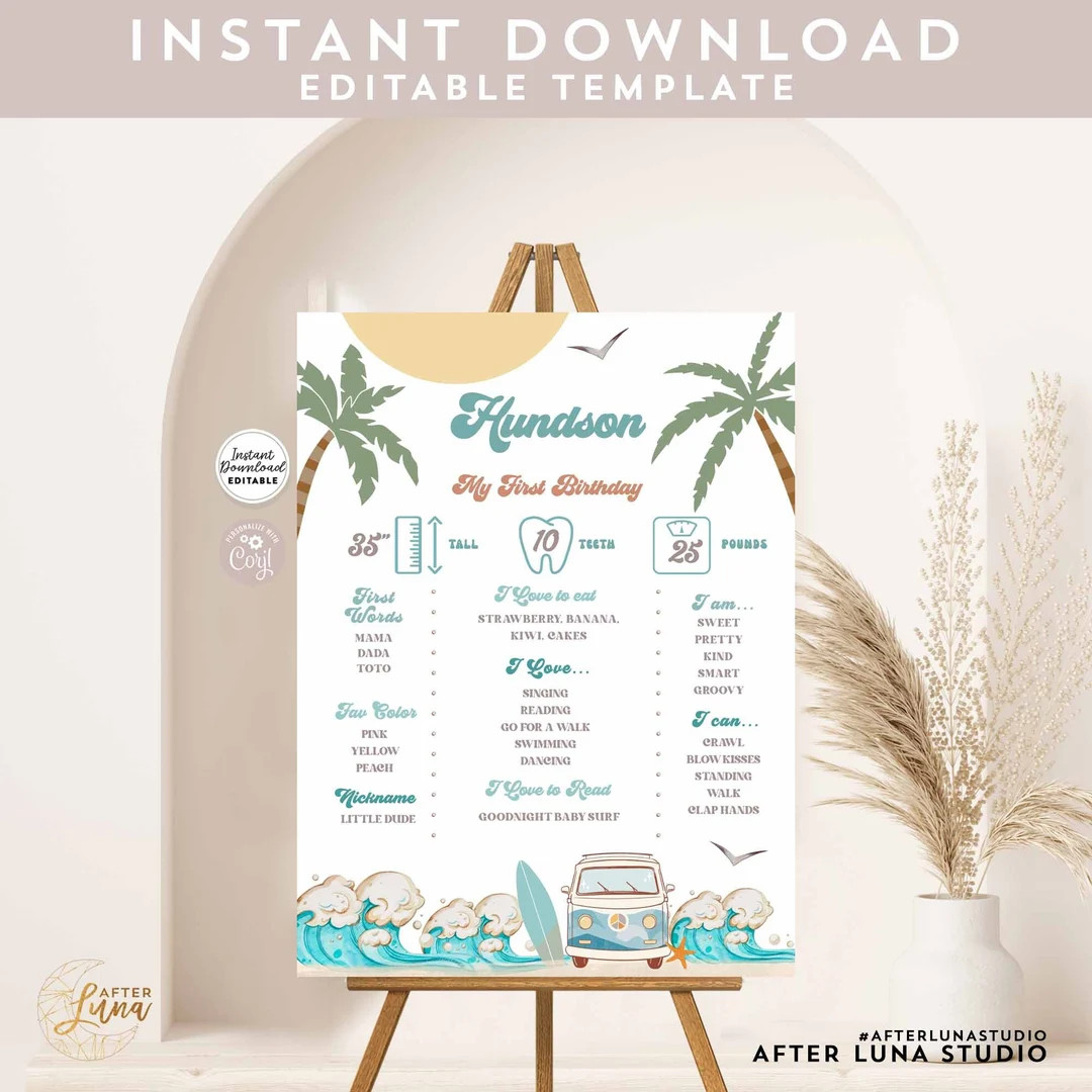 Editable Boy Blue The Big One 1st Birthday Party Milestone Poster Birthday Facts Surf Van Surfboa... | Etsy (US)