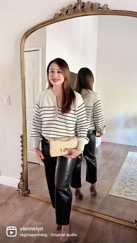 Styling my Sézane fall outfit 🍂 Striped sweater, black leather pants, gray pumps and Chanel classic flap bag. 

#LTKSeasonal #LTKstyletip