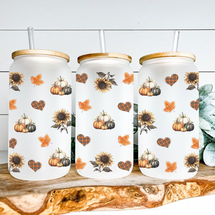 Fall Plaid Pumpkins Leaves 16 oz Libby Glass Can Tumbler with Lid and Straw Fall Harvest Tumbler,... | Amazon (US)