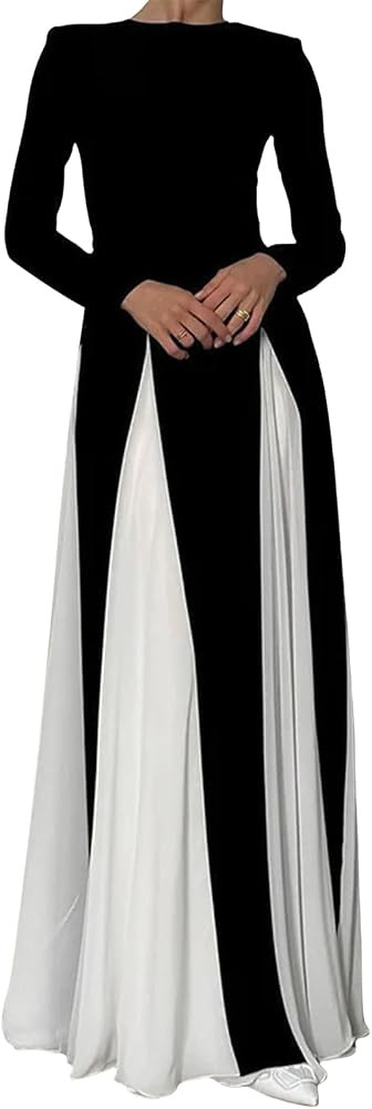 NUFIWI Women's Elegant Color Block Pleated Maxi Dress Long Sleeve Patchwork Swing Dress High Wais... | Amazon (US)