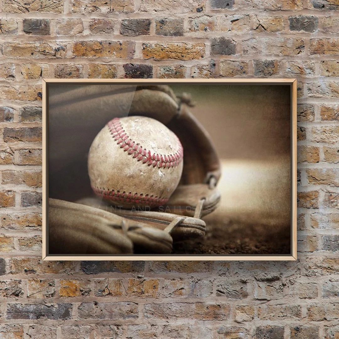 Baseball Wall Art Vintage Baseball in Glove at Home Plate - Etsy | Etsy (US)