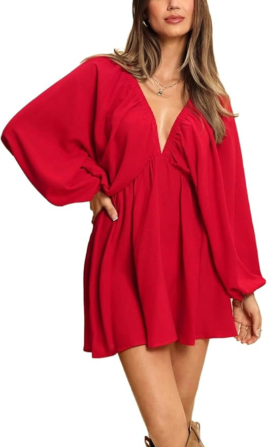 MakeMeChic Women's Sexy Deep V Neck Long Sleeve Dress Backless Babydoll Loose Flowy Smock Mini Dr... | Amazon (US)