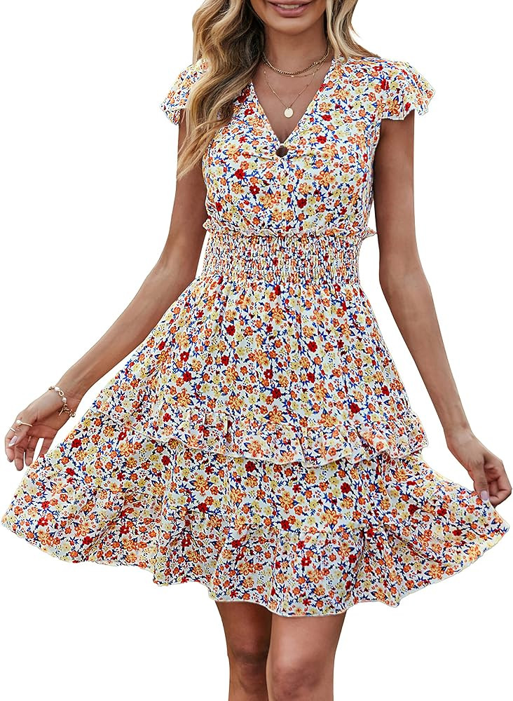 PRETTYGARDEN Women's Boho V Neck Floral Print Ruffle Sleeve Layered Mini Dress Cute Smocked Waist... | Amazon (US)