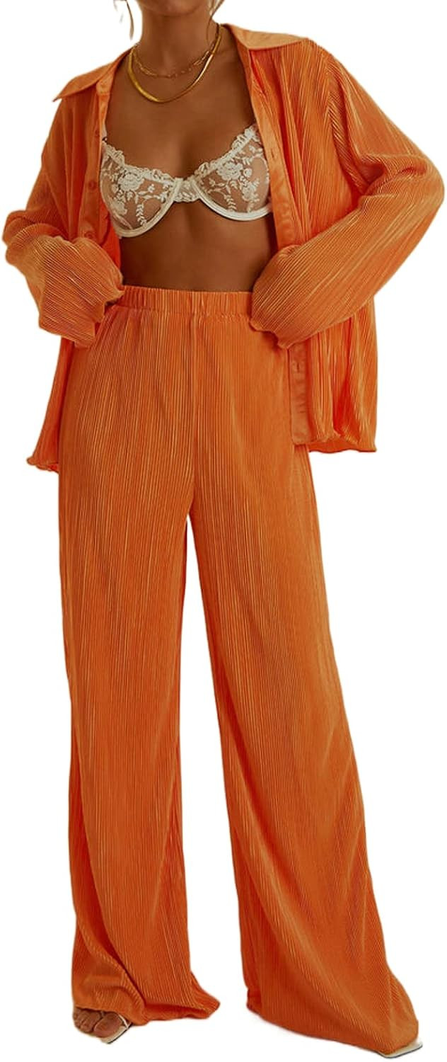 Women 2Pcs Casual Outfits Set Button Down Long Sleeve Shirt High Waist Pleated Pants Sets Streetw... | Amazon (US)