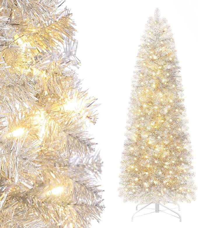 Decoway Pre-lit Pencil Christmas Tree 6ft Artificial Silver Tinsel Xmas Tree with Metal Stand | Amazon (US)