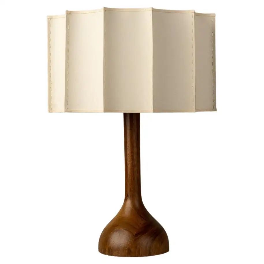 Pata de Elefante Table Lamp S w/Turned Parota Wood, Fluted Linen Shade, Made MX | 1stDibs