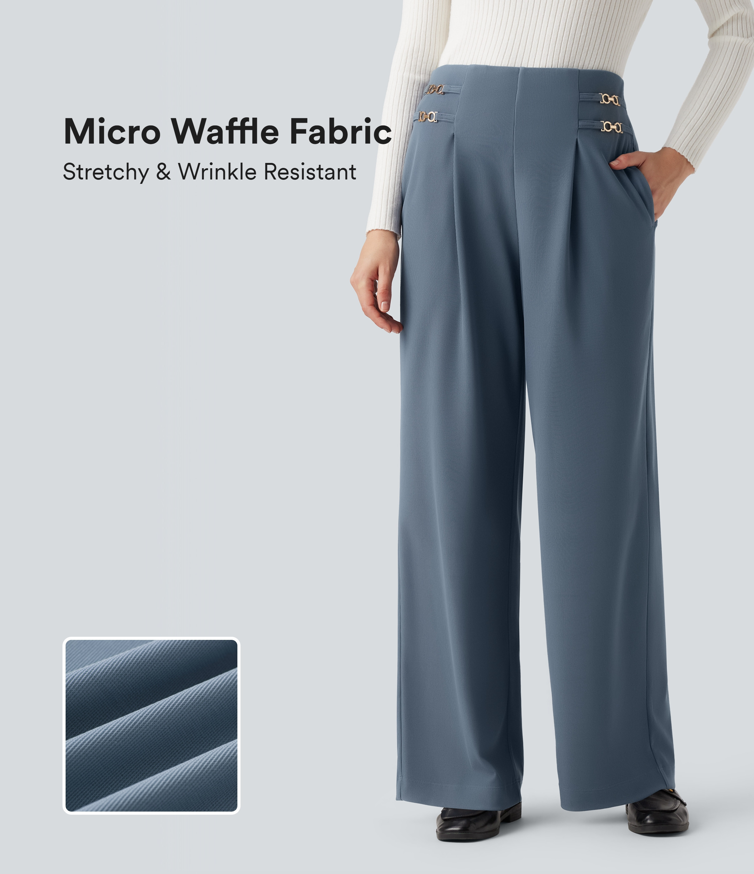 Halara Halara Flex™ High Waisted Straight Leg Micro Waffle Work Pants with Pockets - Deep Sea Gray Blue - XS(regular) sweatpants | HALARA