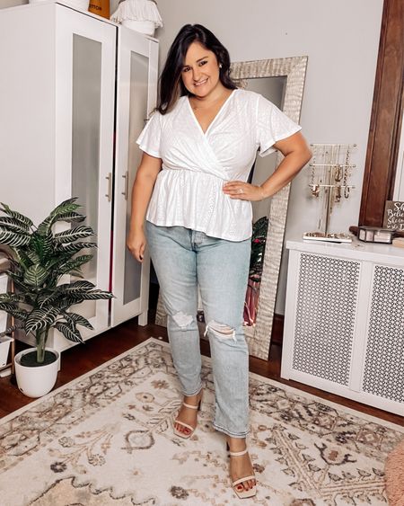 Cute and casual in this eyelet top in the peplum style paired with my favorite light wash Levi jeans and nude heels! My full outfit is from amazon, all pieces are true to size.

Wearing a large in the top and a size 32 in the jeans.

White top, casual top, shortsleeved too, petite jeans, midsize, curvy, summer style, casual outfit 

#LTKcurves #LTKstyletip #LTKunder50