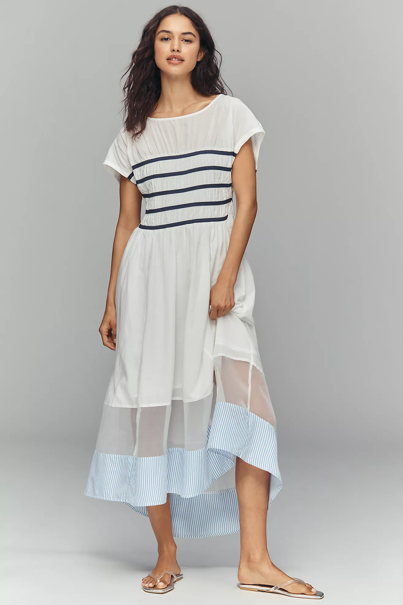 Maeve Smocked Short-Sleeve Sheer Hem Midi Dress | Anthropologie (US)
