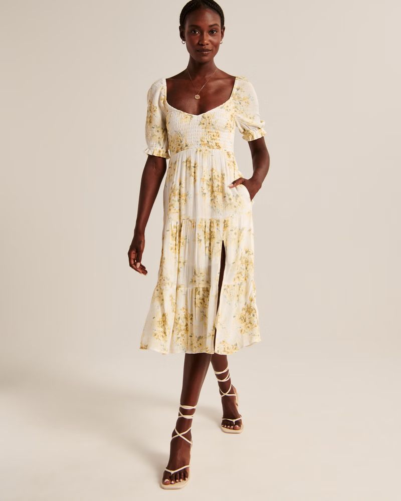 Women's Short-Sleeve Smocked Midi Dress | Women's Clearance | Abercrombie.com | Abercrombie & Fitch (US)