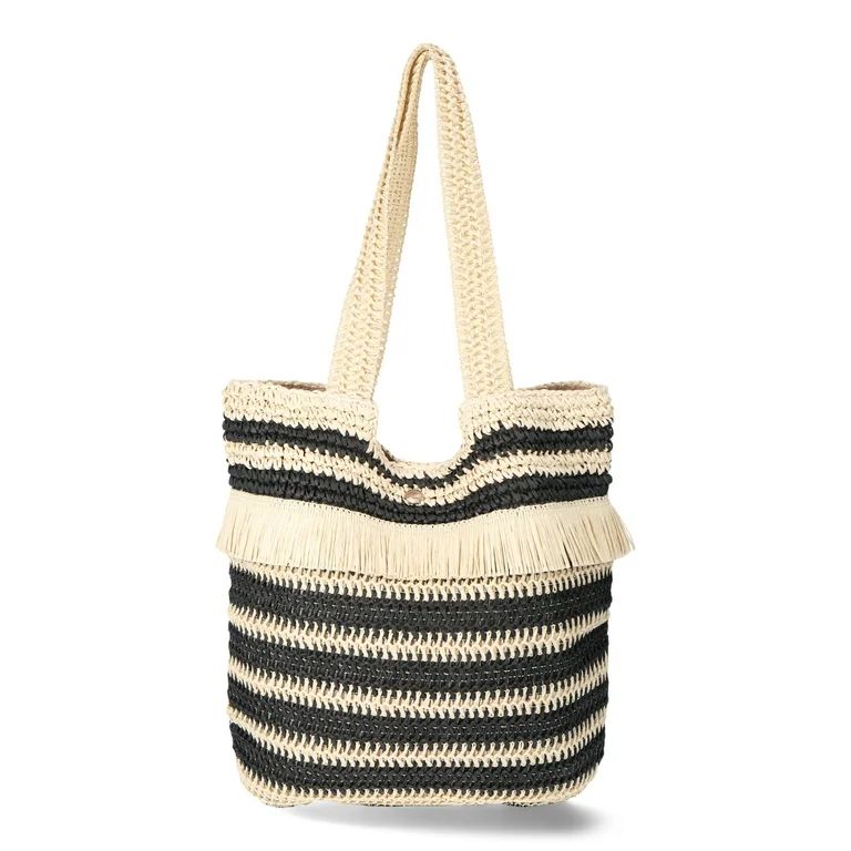 No Boundaries Women's Woven Stripe Straw Tote Bag with Fringe, Natural/Black Stripe - Walmart.com | Walmart (US)