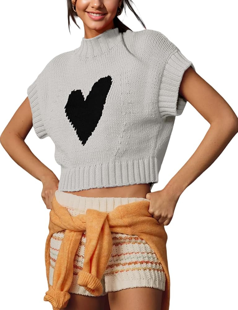 Women Cap Sleeve Sweater Vest Cute Heart Print Mock Neck Sweaters Knitted Pullover Tank Tops | Amazon (US)