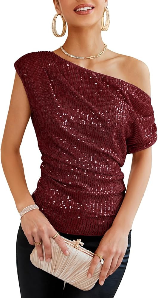 GRACE KARIN One Shoulder Sequin Sparkly Tops for Women Ruched Asymmetrical Glitter Tops Slimming ... | Amazon (US)