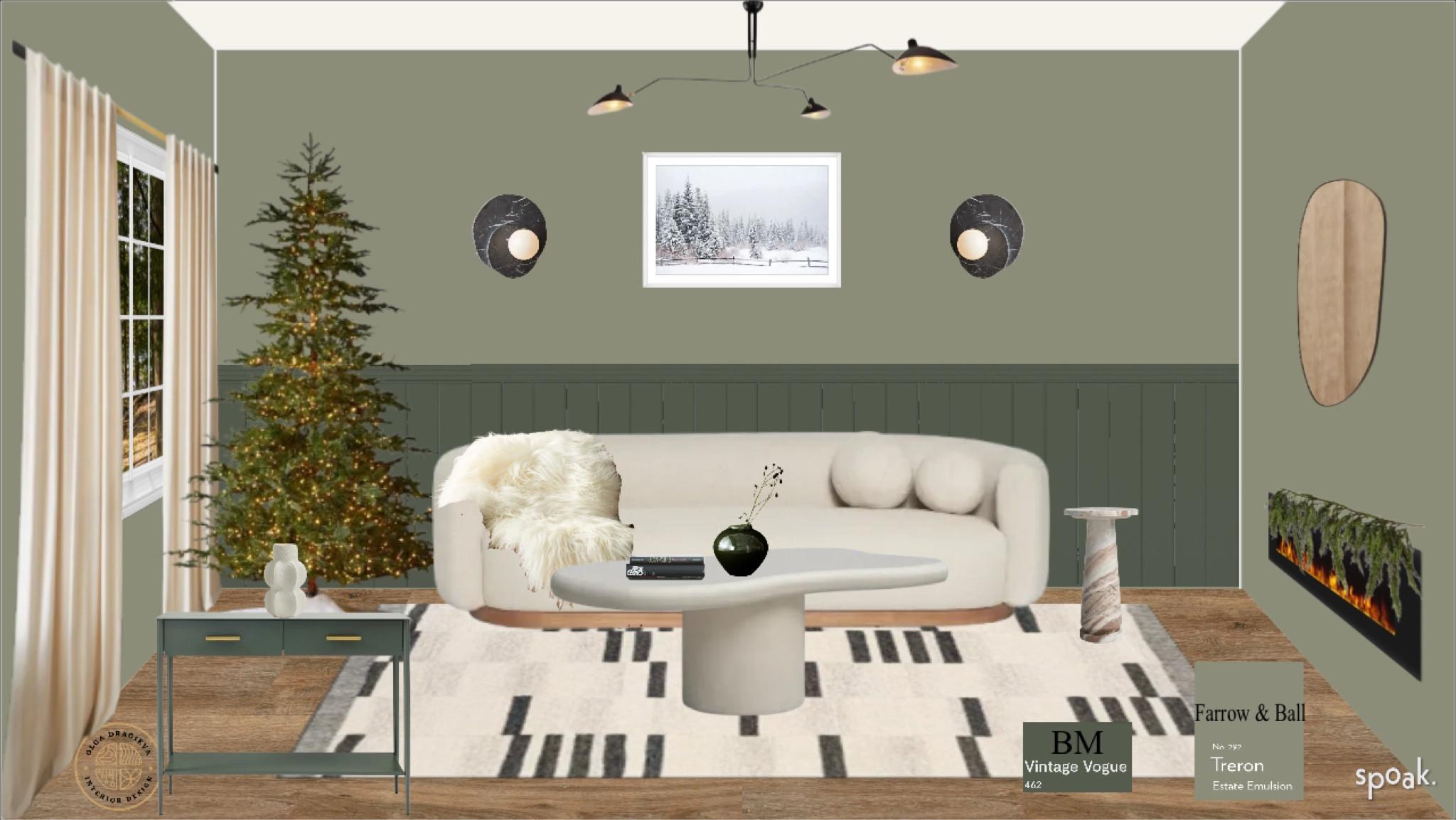 Gorgeous organic- modern living room design/mood board. Curved and sensual sofa from Lulu & Georgia, irregular organic coffee table, marble side table, winter wall art, marble sconces, mid-century modern chandelier. Wool abstract rug, green console table. #homedecor #livingroom 

#LTKHoliday #LTKHome #LTKSeasonal