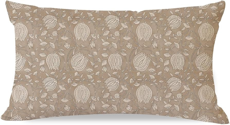 Vintage Floral Block Print Lumbar Decorative Throw Pillow Cover 12x20 Inch Pale Brown Outdoor Cot... | Amazon (US)