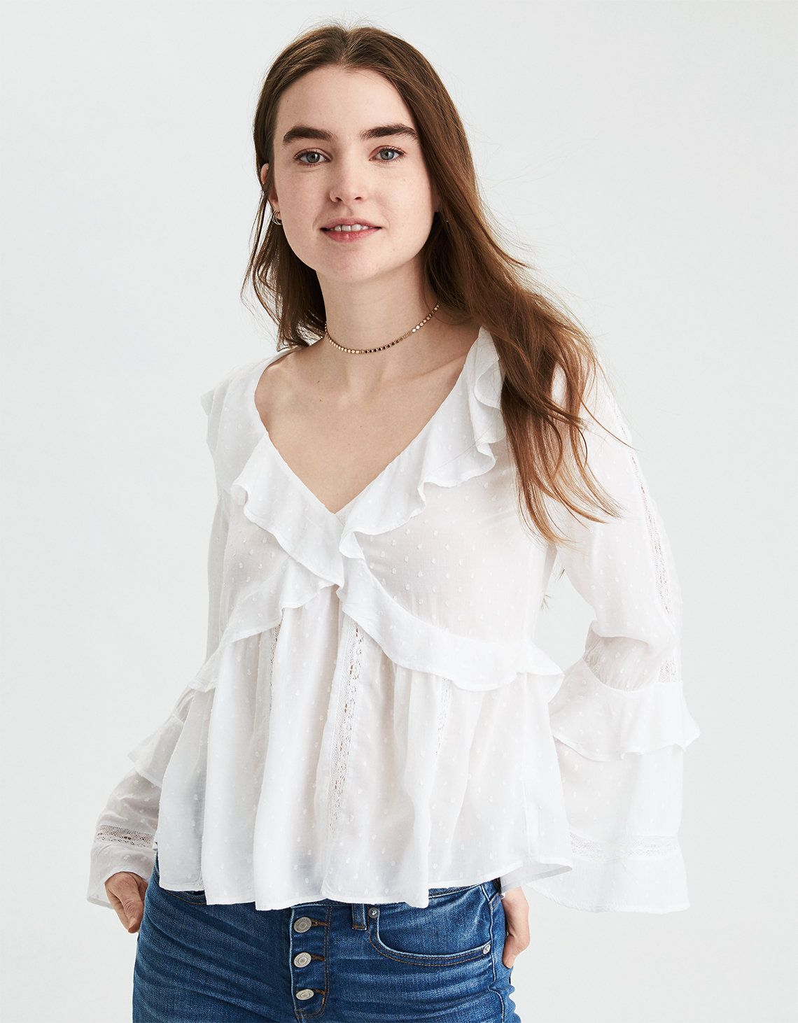 AE Long Sleeve Ruffle Blouse, White | American Eagle Outfitters (US & CA)