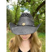 straw Cowboy Hat, Black With Beaded Hat Band Gold Plated Flower Pendant, One Size Fits All | Etsy (US)