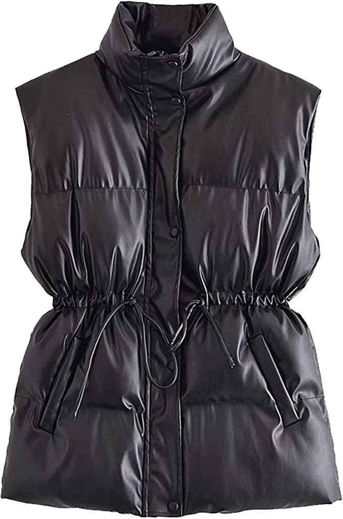Amazon.com: MJORI Women's Faux Leather Puffer Vest PU Quilted Sleeveless Cotton Padded Jacket(Bla... | Amazon (US)