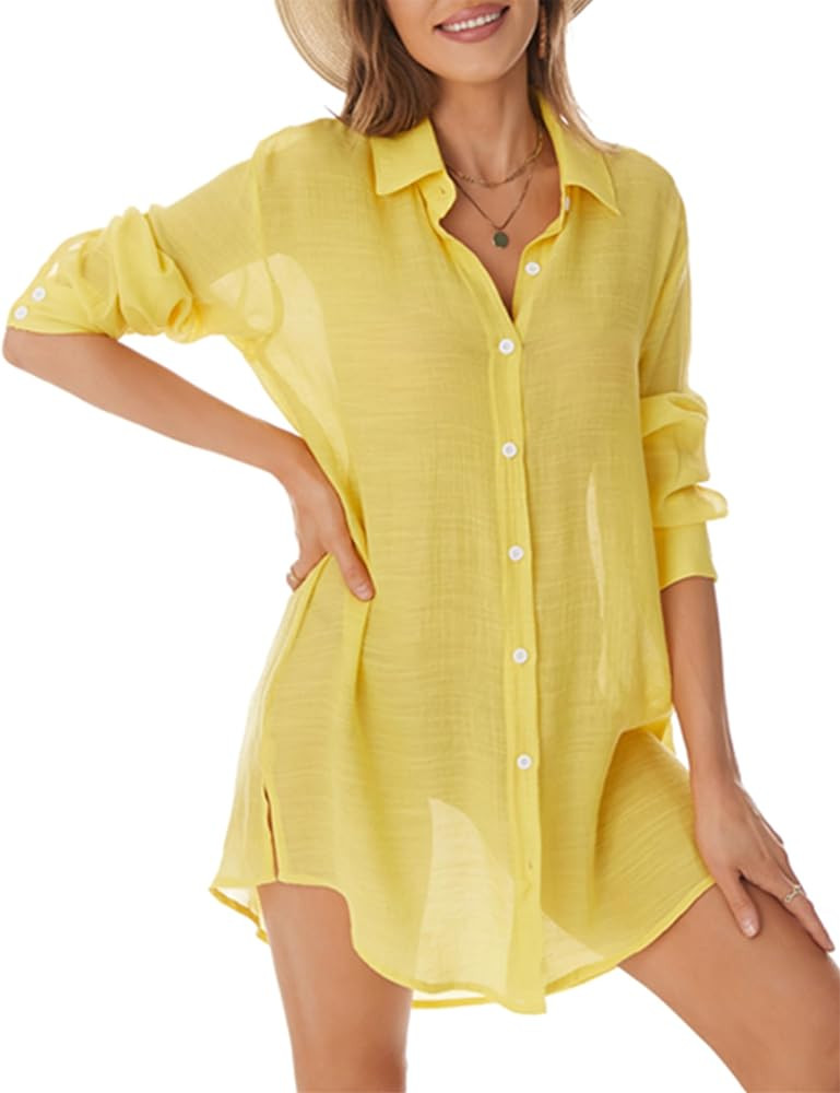 Beachwear Bathing Suit Womens Cover Ups Swimwear Sheer Button Down Shirt | Amazon (US)