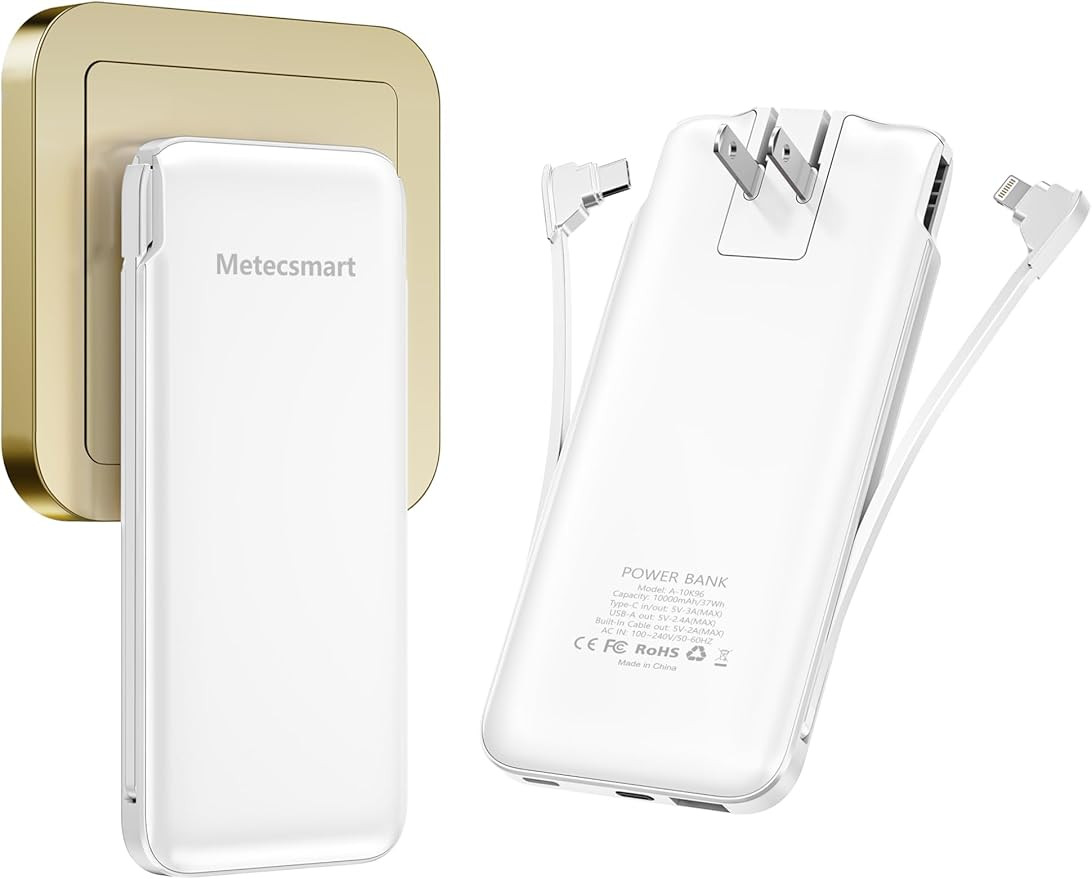 Portable Charger Power Bank with Built in Cable and AC Wall Plug, 10000mAh Fast USB C Phone Charg... | Amazon (US)