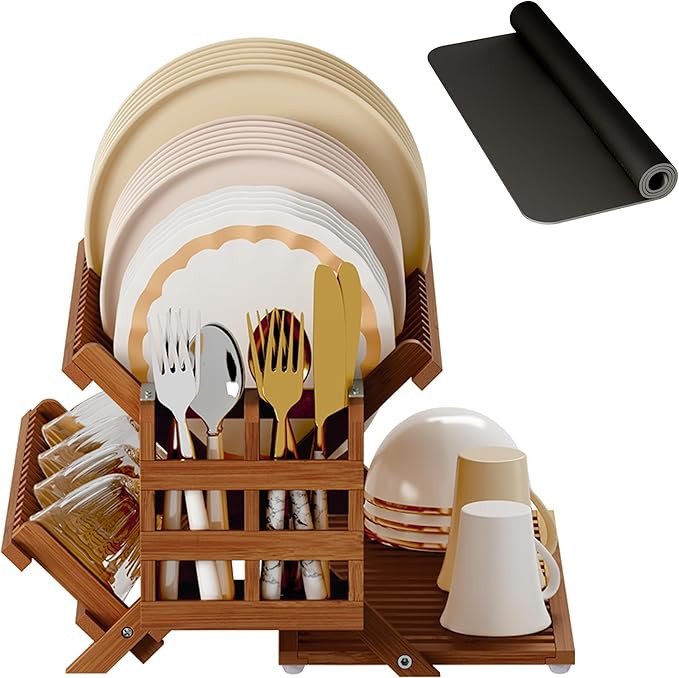 Greenual Teak Dish Drying Rack with Utensil Holder, 3 Tier Collapsible Dish Rack, Wooden Dish Rac... | Amazon (US)