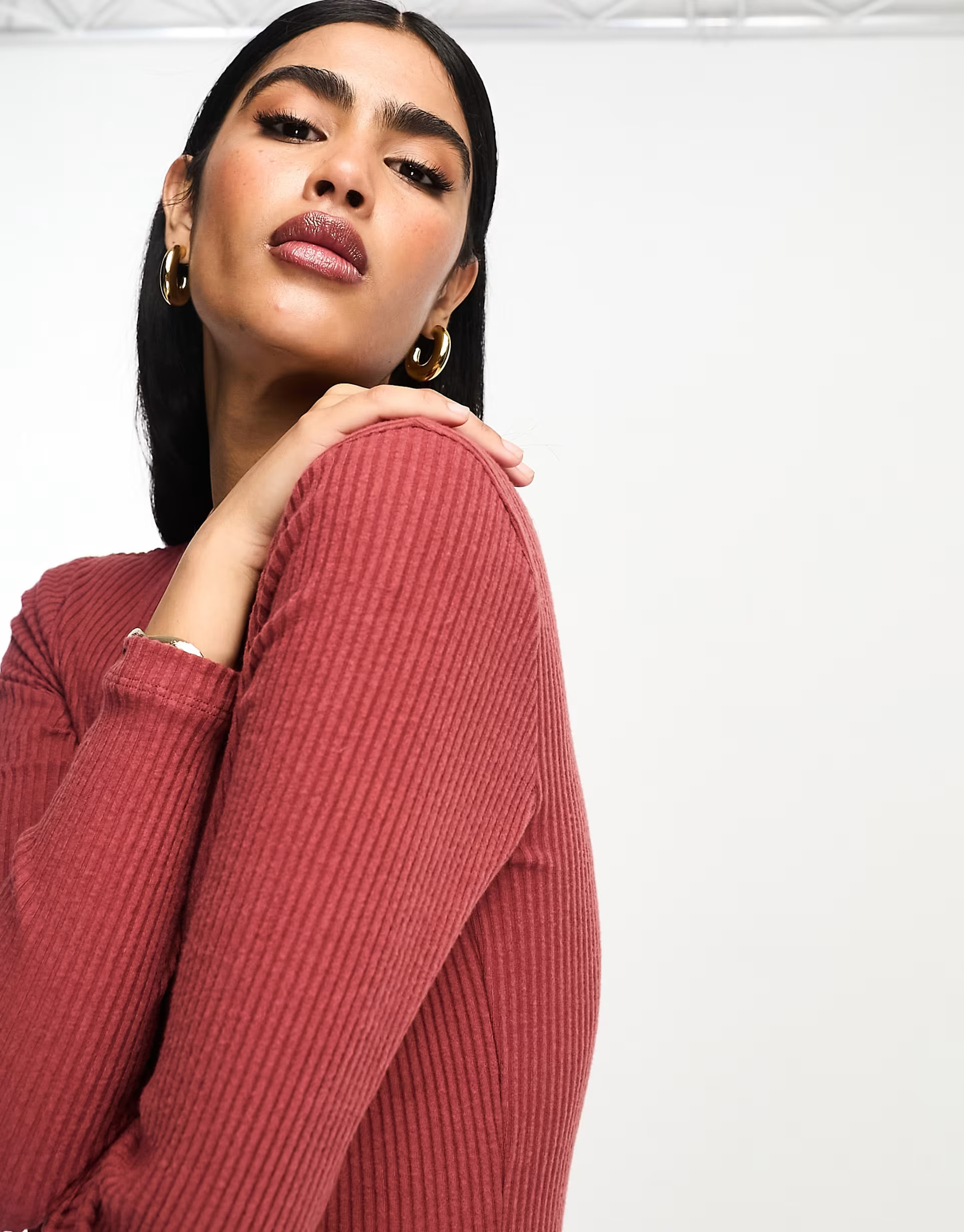 ASOS DESIGN super soft rib crew neck midi dress with long sleeve rusty red | ASOS (Global)