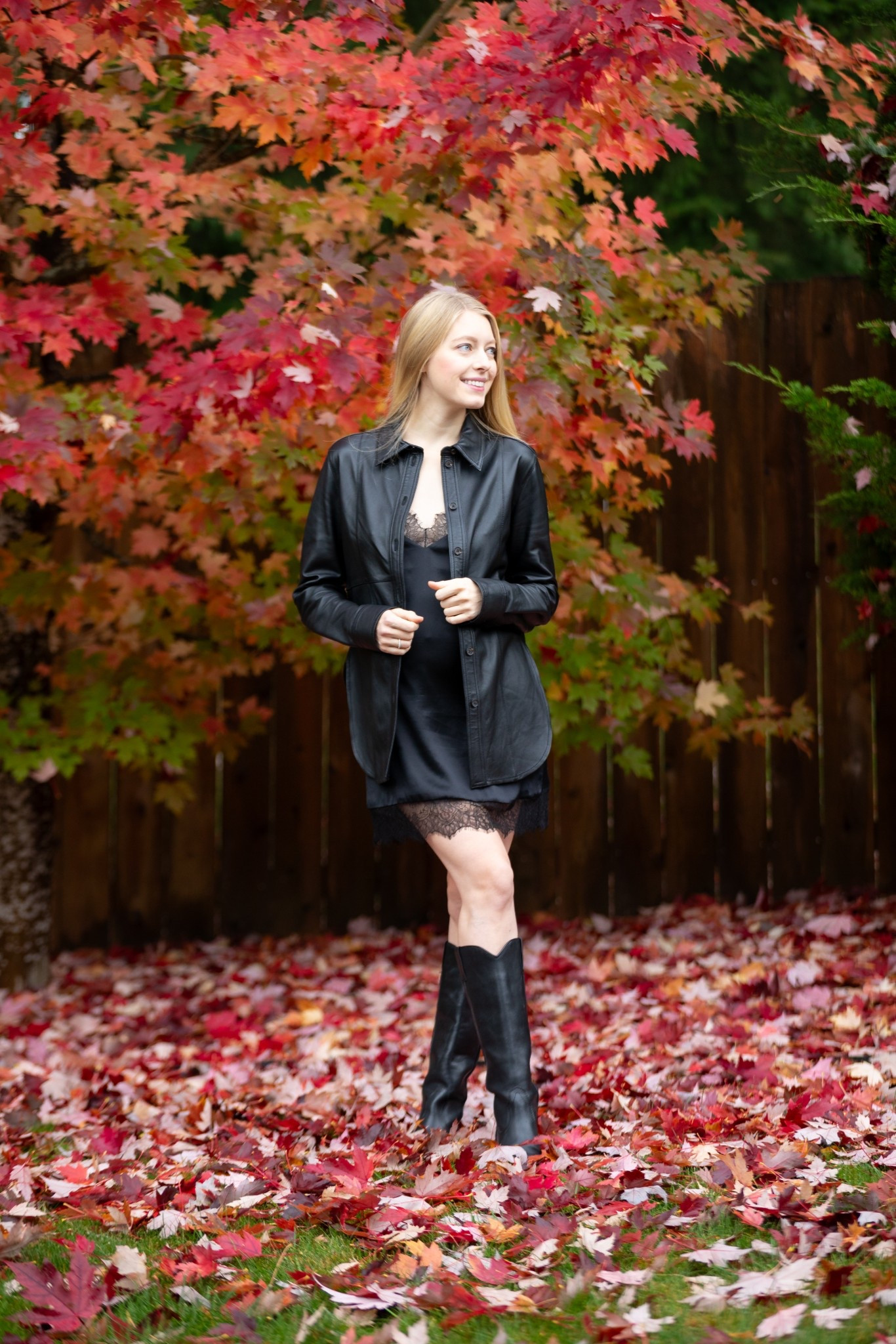 Fall black leather mixed textures look.
Knee high boots
Leather shirt 
Silk and lace slip dress. 

#LTKootd #LTKBump #LTKSeasonal