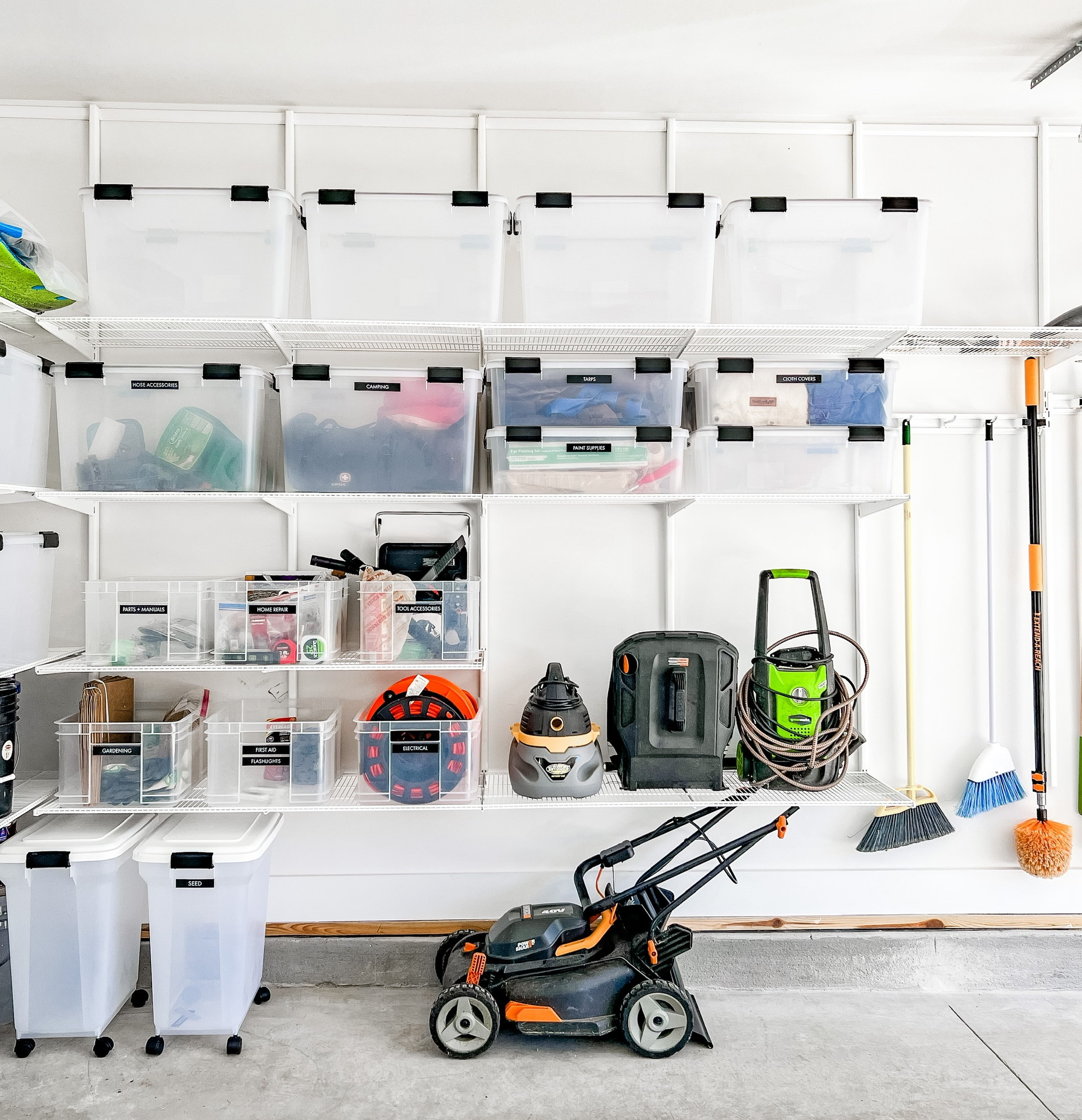 Vertical storage is the way to go in a garage. This custom Elfa shelving system design helped us achieve it. Zones clearly placed and bins clearly labeled. It’s magic 🪄 

#LTKhome #LTKSeasonal #LTKfamily