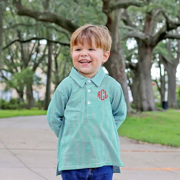 Candy Cane Stripe Green Long Sleeve Polo | Classic Whimsy