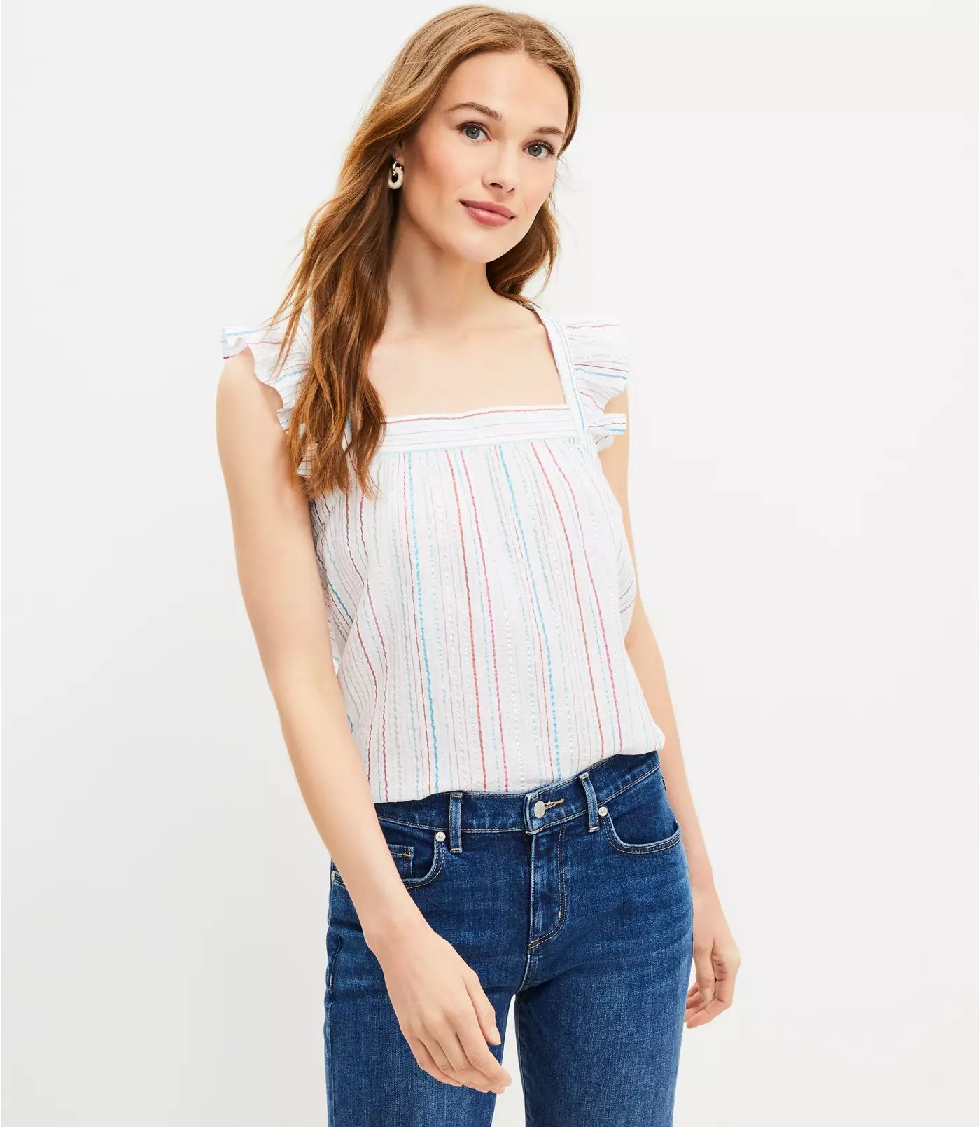 Shimmer Striped Ruffle Square Neck Top | LOFT | LOFT