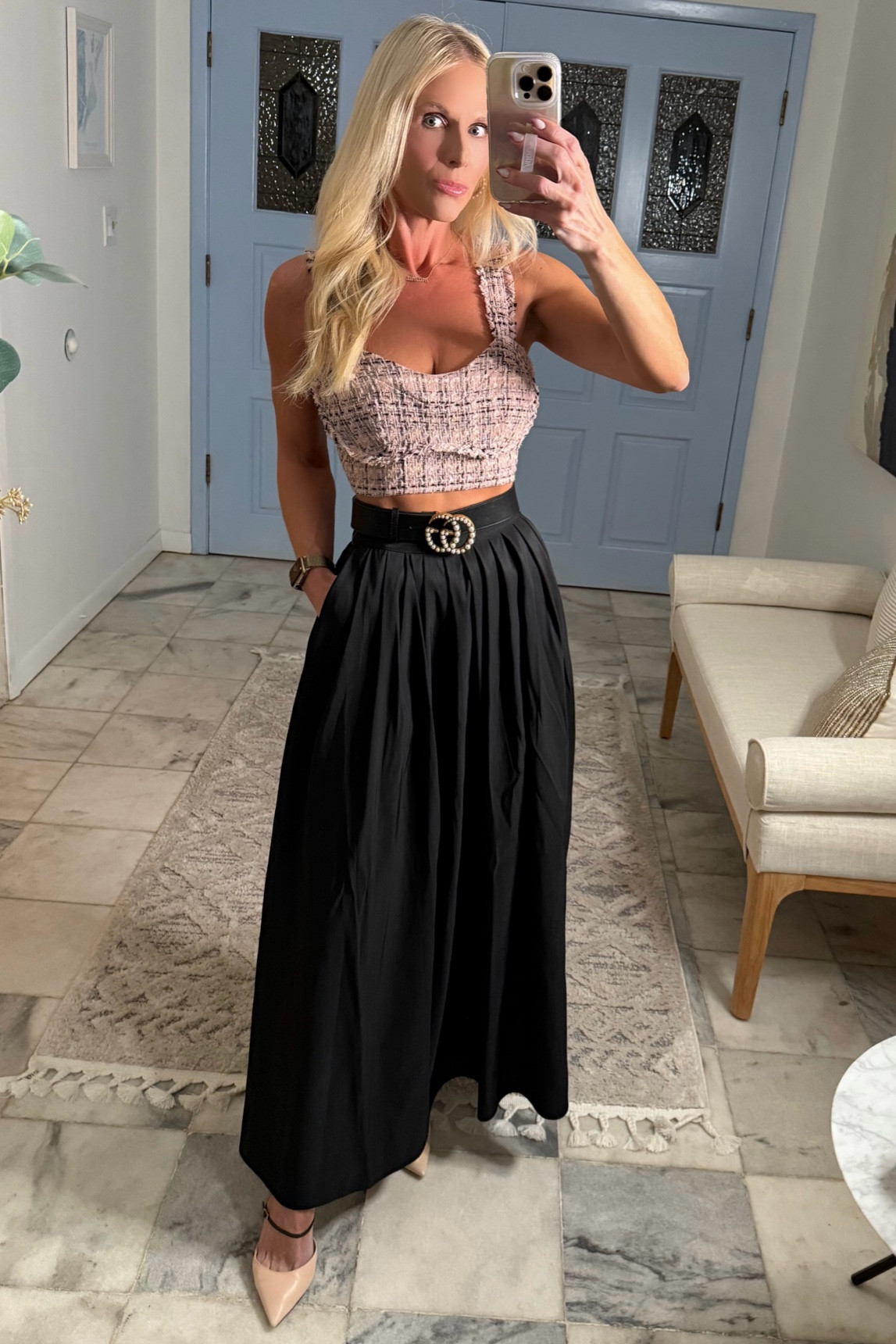 GLAM look top/skirt under $45! 
Top - XS
Skirt - XS
Gucci Belt - 65 (linked similar save versions)
Shoes - old Jimmy Choo Kid Patent Mirror Typhoon Ankle Strap Pumps (linked similar save versions)

#LTKFindsUnder50 #LTKSaleAlert #LTKStyleTip