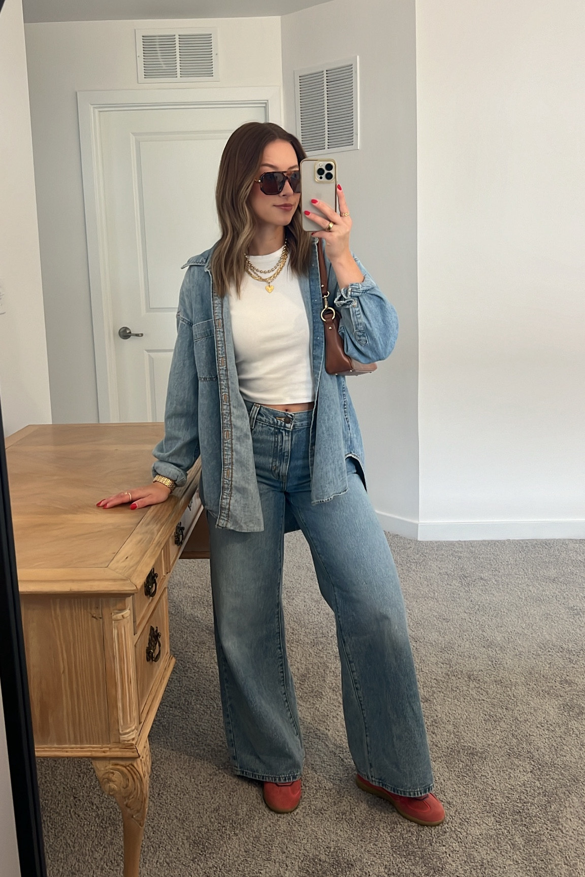 Denim on denim outfit,4/25/24 Denim on denim with a pop of pink
denim shirt, oversized denim shirt, button up denim shirt, wide leg baggy jeans, wide leg Levi jeans, levi baggy jeans, alohas sneakers, pink sneakers, pink glohas sneakers, spring fashion 2024, spring outfits 2024, spring fashion trends 2024