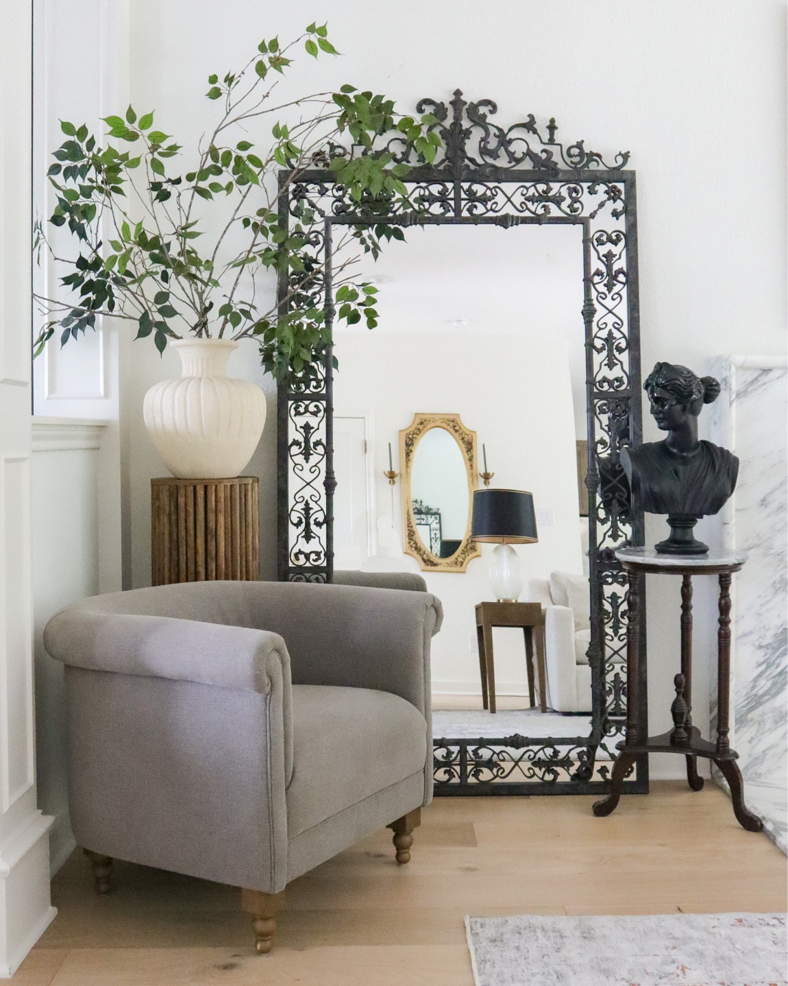 My living room corner floor mirror, accent chair, vase and black bust! Pedestal was a DIY but linked the inspo for it!

#LTKsalealert #LTKstyletip #LTKhome