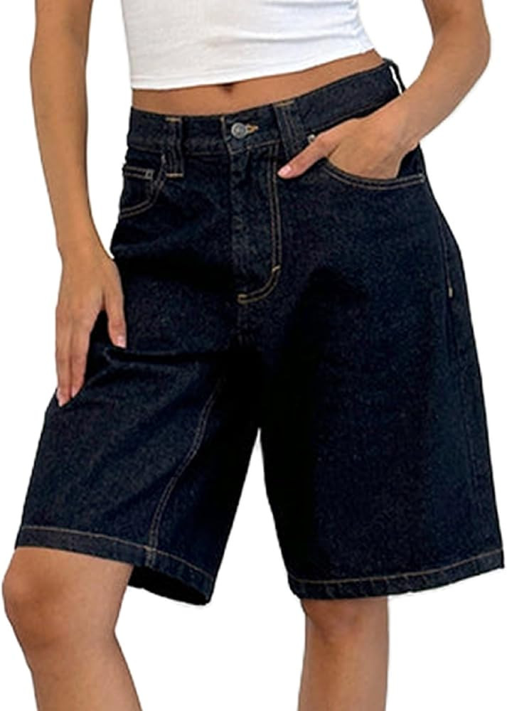 NUFIWI Women Baggy Denim Bermuda Shorts Y2k Vintage Straight Leg Denim Shorts Casual Knee Length ... | Amazon (US)