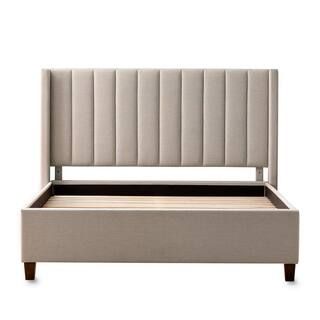 Adele Light Brown Oat Upholstered Full Platform Bed Frame with a Vertical Channel Tufted Wingback... | The Home Depot