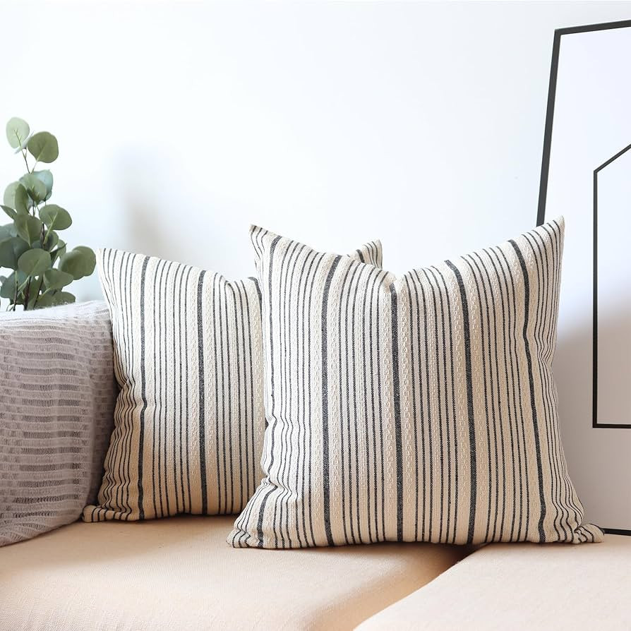 Black Pillow Covers Linen Farmhouse Throw Pillow Covers Outdoor Striped Decorative Square Throw P... | Amazon (US)