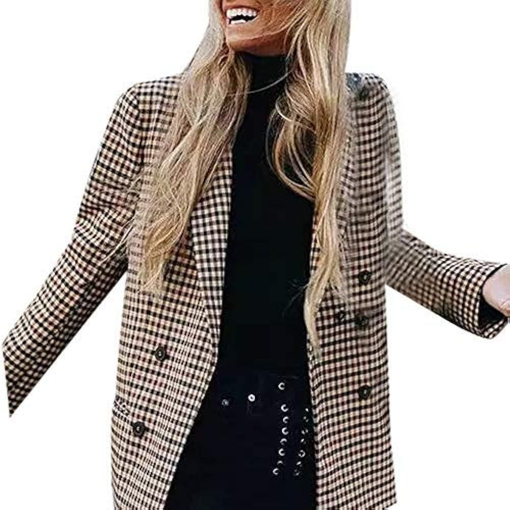 Fashion Women Plaid Blazer Coat Retro Stripe Print Button Shoulder Pads Suit Coats Sunmoot | Amazon (US)