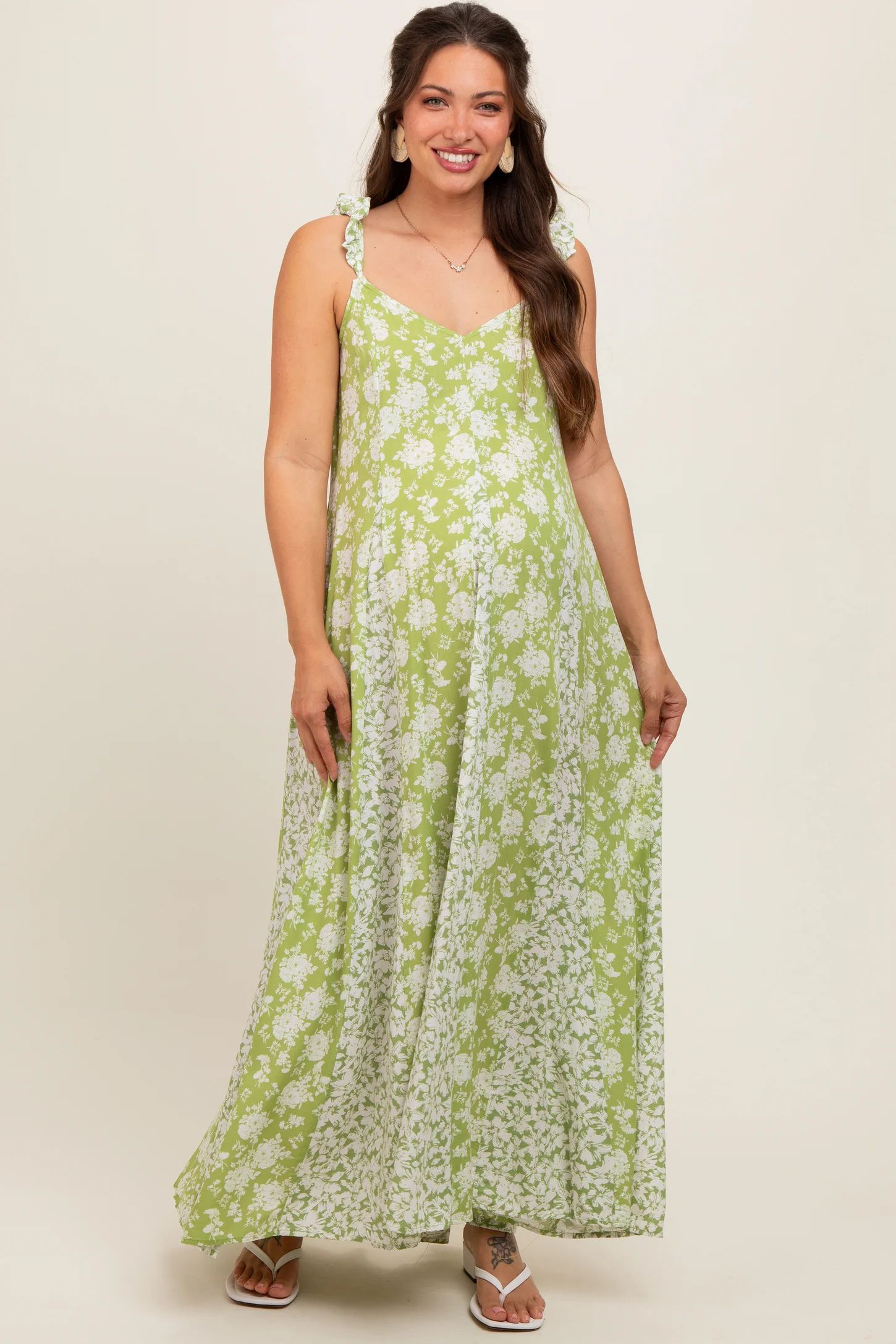 Lime Floral Ruffle Shoulder Cut-Out Back Maternity Maxi Dress | PinkBlush Maternity