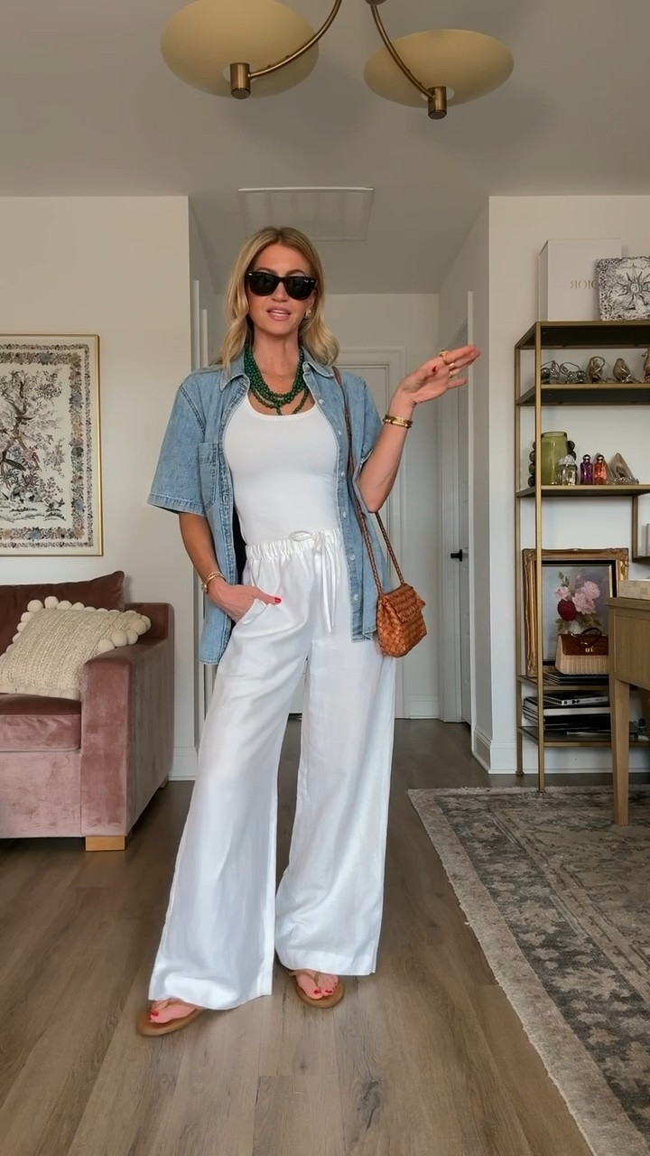 Simple summer outfit look! 
Picky girl white tank: runs TTS, wearing size XS, long
Pants: run TTS, wearing size small, regular 
Denim button up: runs oversized, wearing size small

#LTKootd #LTKgrwm #LTKSeasonal