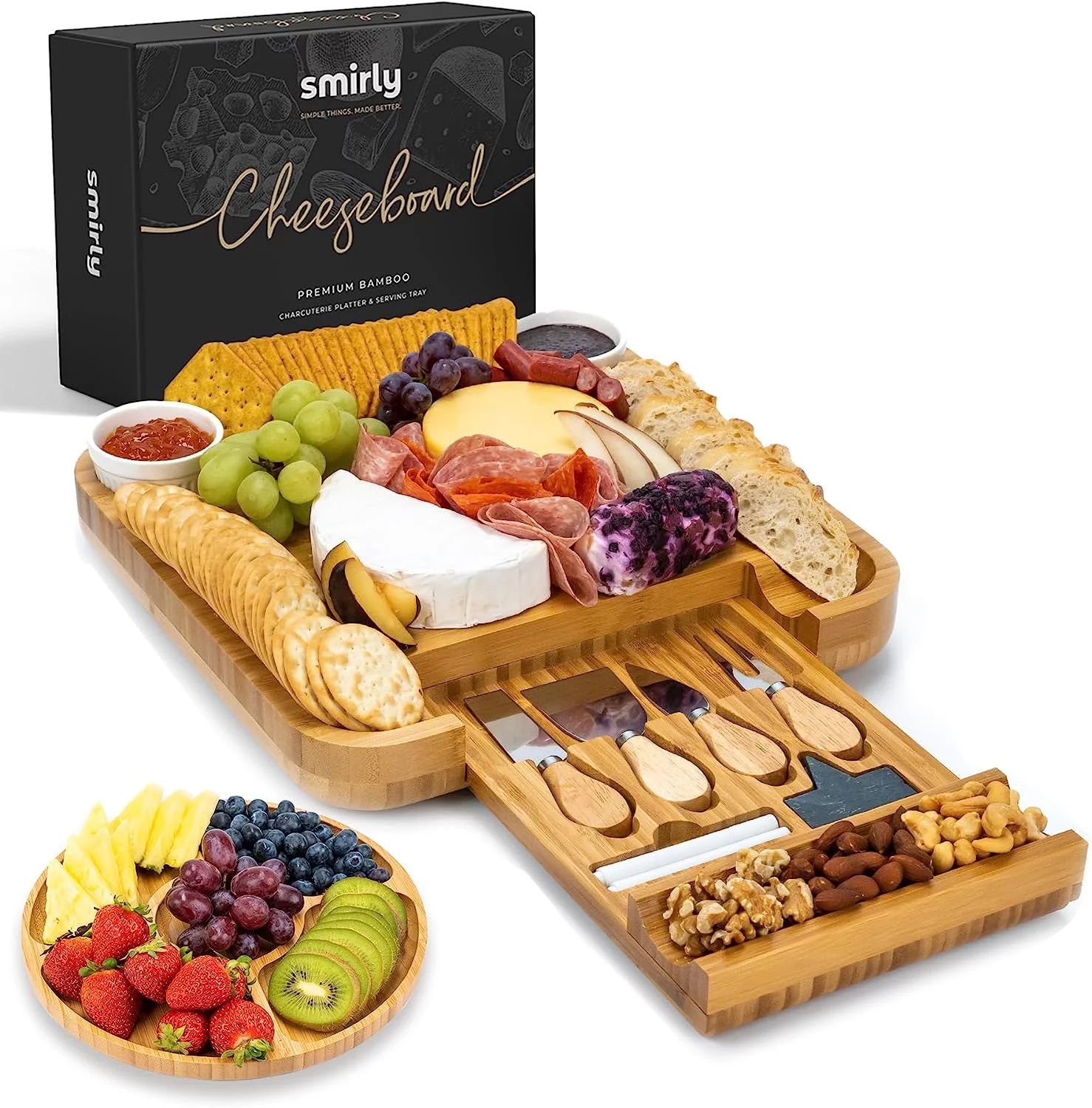 SMIRLY Charcuterie Board Set Large Bamboo Cheese Board with Fruit Tray & 2 Ceramic Bowls | Walmart (US)